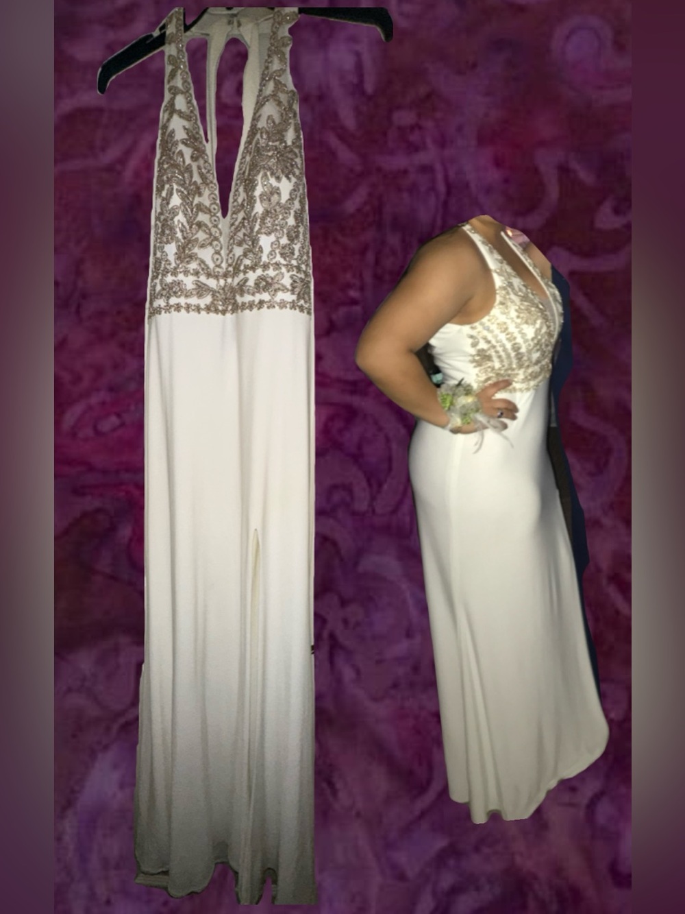 Blondie Nites White Prom Dress with Gold Beaded Bodice